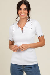 Ivory Ribbed Scallop Trim Split V-Neck Short Sleeve Top