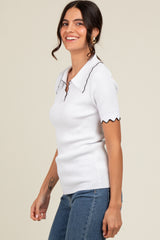 Ivory Ribbed Scallop Trim Split V-Neck Short Sleeve Top