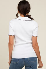 Ivory Ribbed Scallop Trim Split V-Neck Short Sleeve Top