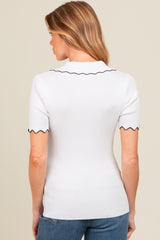 Ivory Ribbed Scallop Trim Split V-Neck Short Sleeve Maternity Top