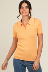 Peach Ribbed Scallop Trim Split V-Neck Short Sleeve Maternity Top