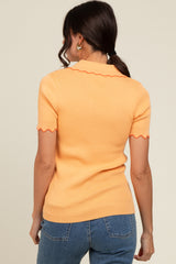 Peach Ribbed Scallop Trim Split V-Neck Short Sleeve Top