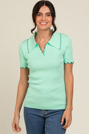 Mint Green Ribbed Scallop Trim Split V-Neck Short Sleeve Top