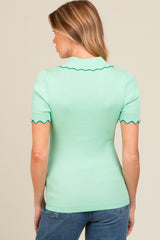 Mint Green Ribbed Scallop Trim Split V-Neck Short Sleeve Maternity Top