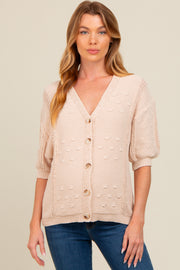 Beige Textured V-Neck Short Sleeve Maternity Cardigan