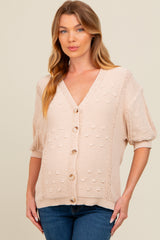 Beige Textured V-Neck Short Sleeve Maternity Cardigan