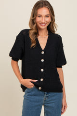 Black Textured V-Neck Short Sleeve Cardigan