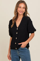 Black Textured V-Neck Short Sleeve Cardigan