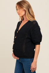 Black Textured V-Neck Short Sleeve Maternity Cardigan