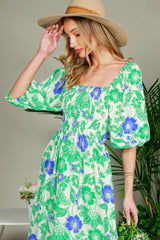 Green Floral Smocked Square Neck Maternity Midi Dress