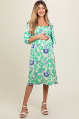 Green Floral Smocked Square Neck Maternity Midi Dress