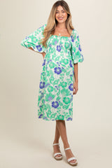 Green Floral Smocked Square Neck Maternity Midi Dress