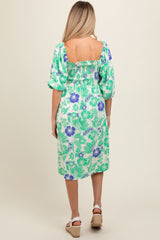 Green Floral Smocked Square Neck Maternity Midi Dress