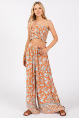 Camel Floral Tube Top Wide Leg Pant Maternity Set