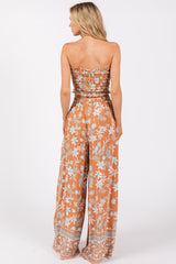 Camel Floral Tube Top Wide Leg Pant Set