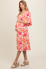 Orange Floral Smocked Square Neck Maternity Midi Dress