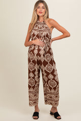 Brown Border Print Front Tie Halter Maternity Jumpsuit