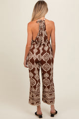 Brown Border Print Front Tie Halter Maternity Jumpsuit