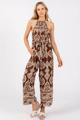 Brown Border Print Front Tie Halter Maternity Jumpsuit