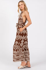 Brown Border Print Front Tie Halter Jumpsuit