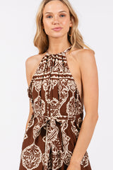 Brown Border Print Front Tie Halter Jumpsuit