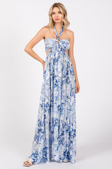 Blue Sweetheart Neck Halter Cut Out Back Maternity Maxi Dress