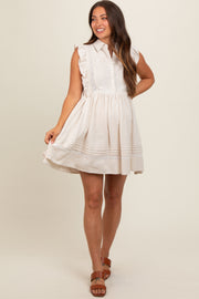 Beige Button Front Flutter Sleeve Maternity Mini Dress