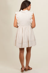 Beige Button Front Flutter Sleeve Maternity Mini Dress