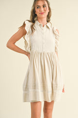 Beige Button Front Flutter Sleeve Mini Dress