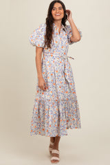 Ivory Floral Puff Sleeve Button Down Midi Dress