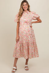 Pink Floral Puff Sleeve Button Down Maternity Midi Dress