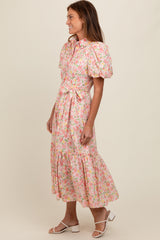 Pink Floral Puff Sleeve Button Down Midi Dress