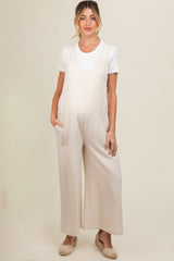 Beige V-Neck Wide Leg Maternity Jumpsuit