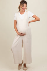 Beige V-Neck Wide Leg Maternity Jumpsuit