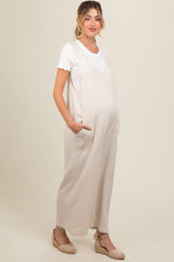 Beige V-Neck Wide Leg Maternity Jumpsuit