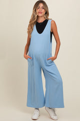 Light Blue V-Neck Wide Leg Maternity Jumpsuit