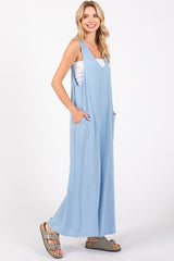 Light Blue V-Neck Wide Leg Jumpsuit