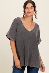 Charcoal Waffle Knit V-Neck Top