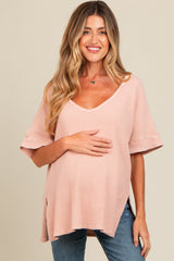 Mauve Waffle Knit V-Neck Maternity Top