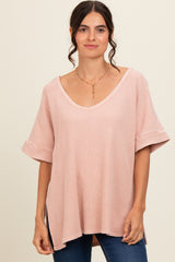 Mauve Waffle Knit V-Neck Top