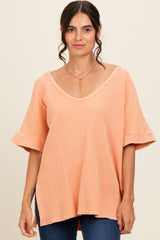 Peach Waffle Knit V-Neck Top