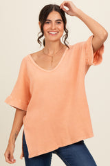 Peach Waffle Knit V-Neck Top