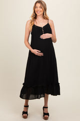 Black Button Front Pocketed Maternity Midi Dress