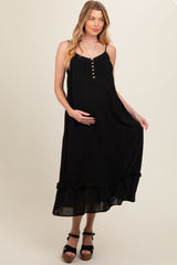 Black Button Front Pocketed Maternity Midi Dress