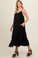 Black Button Front Pocketed Maternity Midi Dress