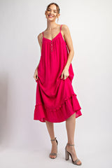 Fuchsia Button Front Pocketed Maternity Midi Dress