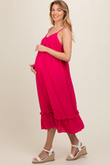 Fuchsia Button Front Pocketed Maternity Midi Dress