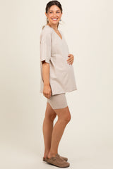 Beige Oversized V-Neck Biker Short Maternity Set