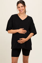 Black Oversized V-Neck Biker Short Maternity Set