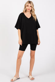 Black Oversized V-Neck Biker Short Set